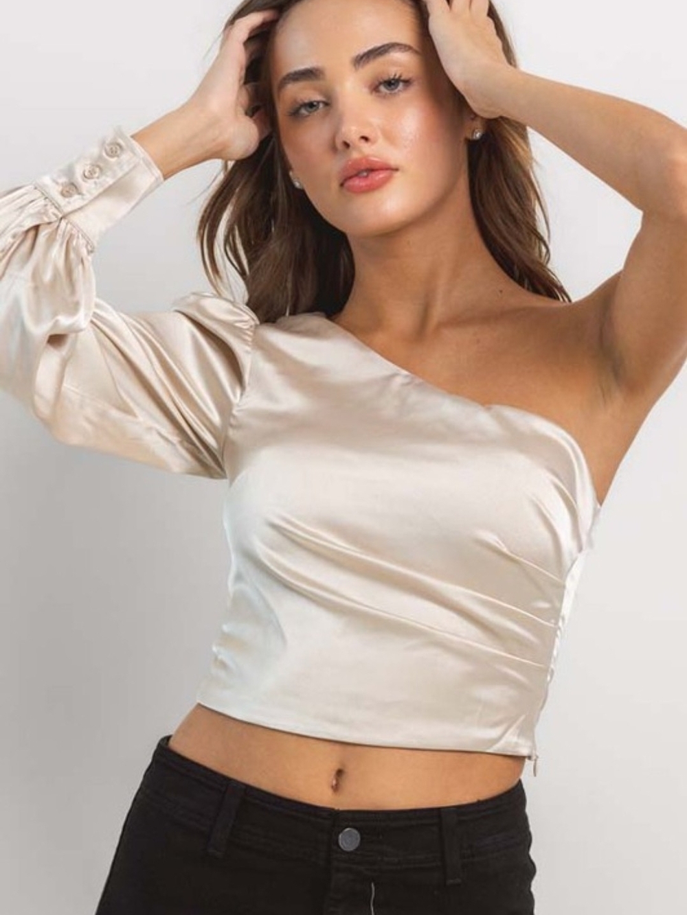 Better Be One-Shoulder Satin Crop Top - Cream